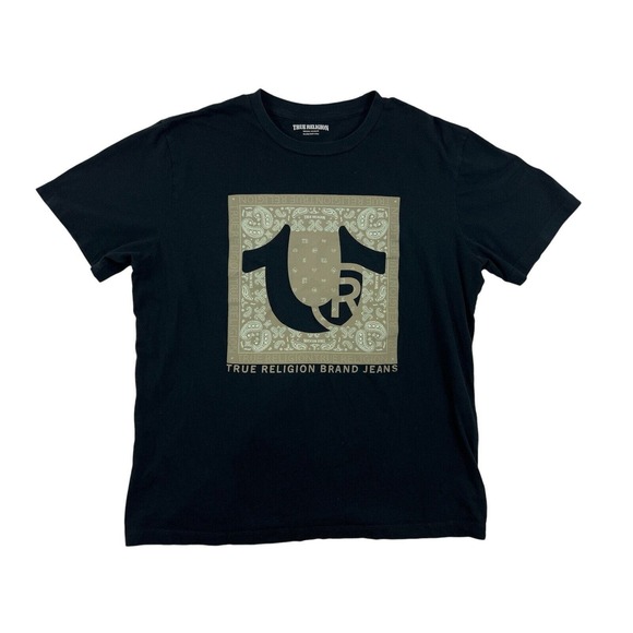 True Religion Shirt‎ Mens 2XL Black Brown Paisley Short Sleeve Casual Crew Neck - Picture 1 of 7